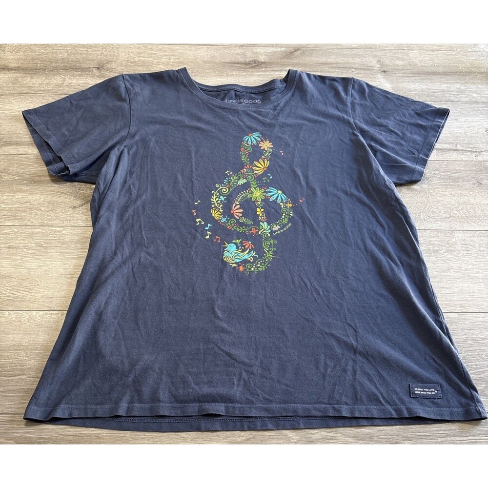 Life Is Good Crusher Tee Bluish Purple Musical Note Floral SS T Shirt Women XL
